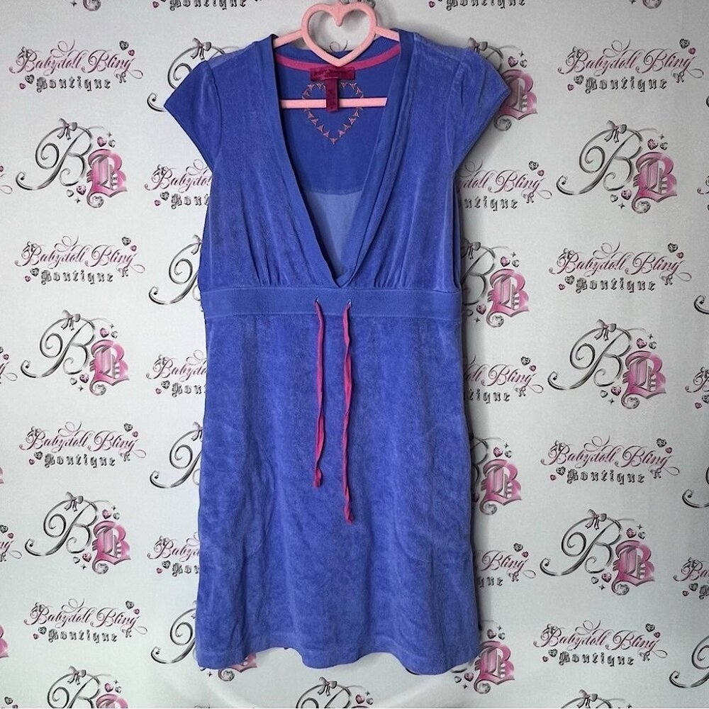Betsey Johnson dress terry cloth Vneck tie up ribbon cinch purple blue